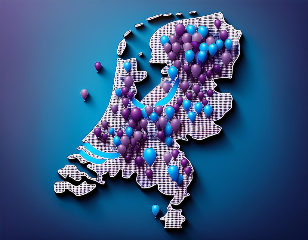 landkaart van Nederland met allemaal gekleurde ballonnen in de kleuren blauw en paars