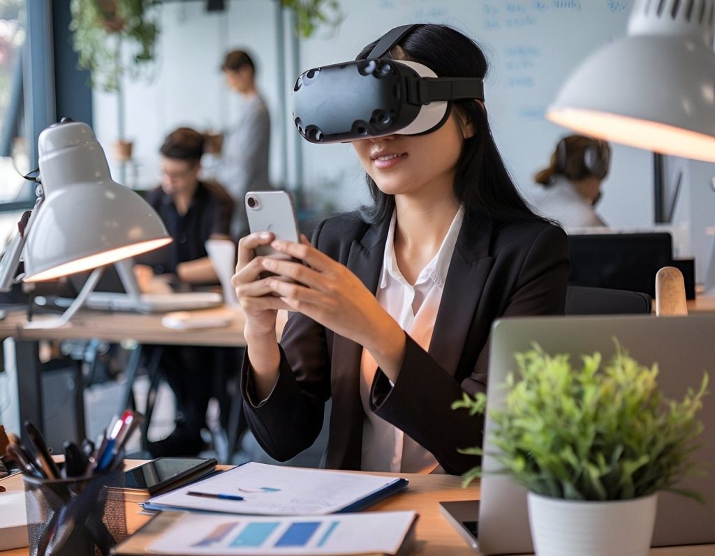 Student met lang donker haar in de klas met smartphone in haar handen, laptop voor haar neus en VR bril op haar hoofd