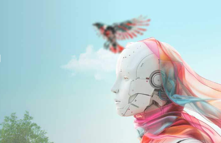 AI beeld van een robotgezicht met gekleurde wapperende sjaal tegen een blauwe achtergrond met gekleurde roofvogel