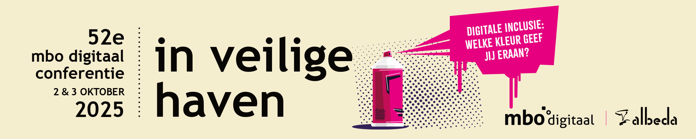 Header conferentie: in veilige haven, datum 2 en 3 oktober, illustratie spuitbus en tekstwolkje in felroze: digitale inclusie welke kleur geef jij eraan?