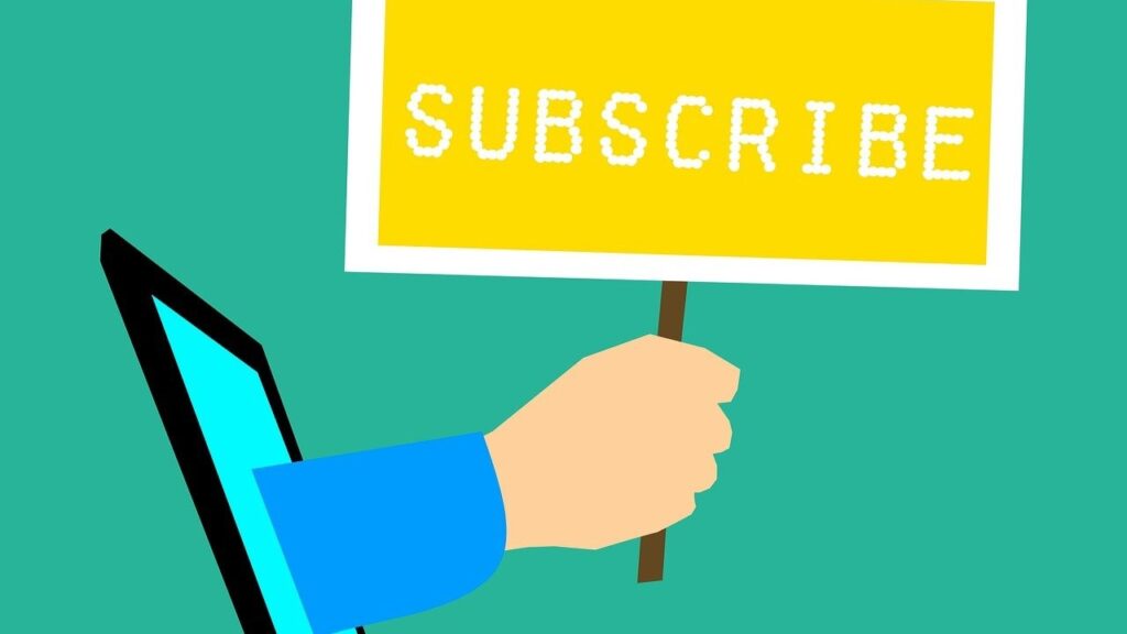 vectorbeeld met laptop, waaruit hand steekt met bordje; subscribe