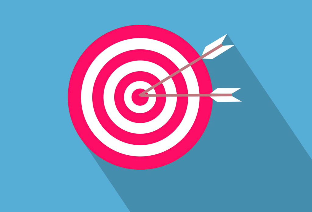 Illustratief: blauwe achtergrond met rood dartbord en twee pijlen