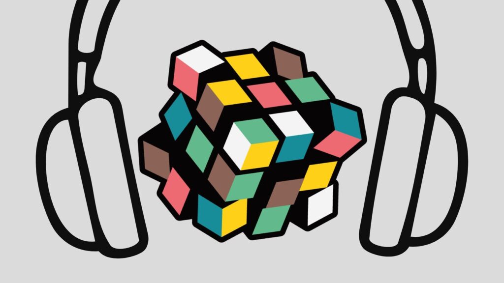 Illustratie van kubus en daaroverheen een koptelefoon