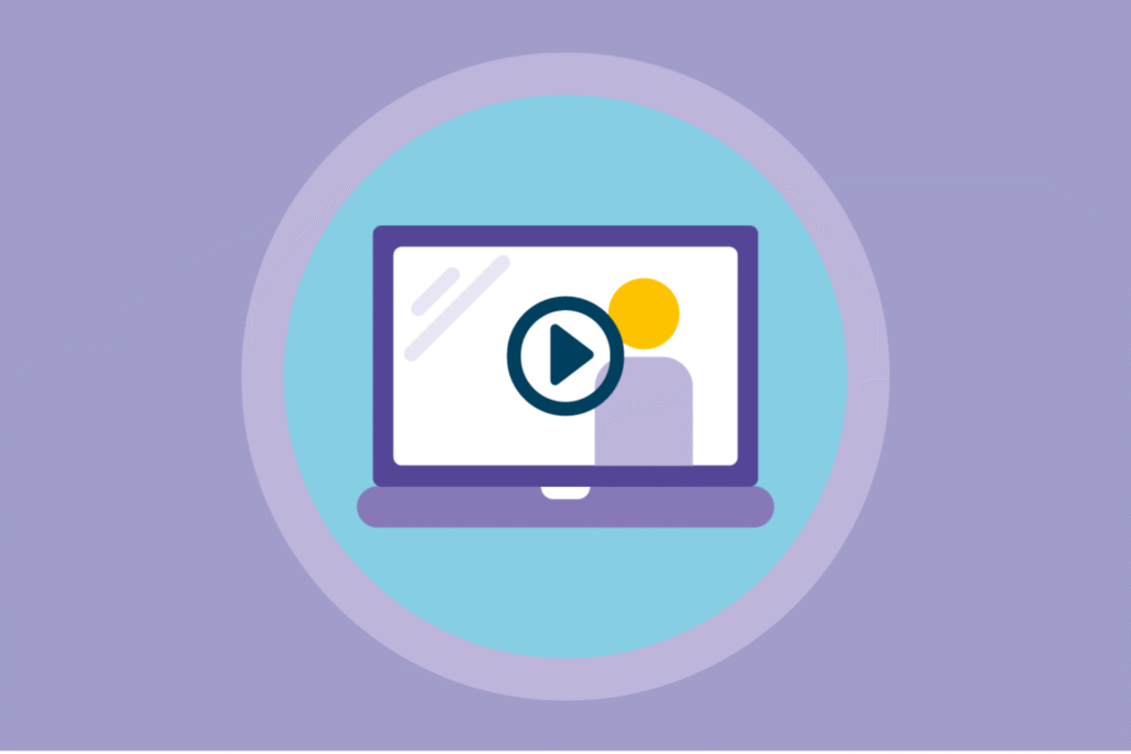 Icoon in pasteltinten van laptop met figuur en play-teken,