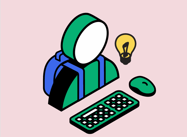 Illustratie in kleuren roze, groen en blauw, student met rugzak om voor een toetsenbord